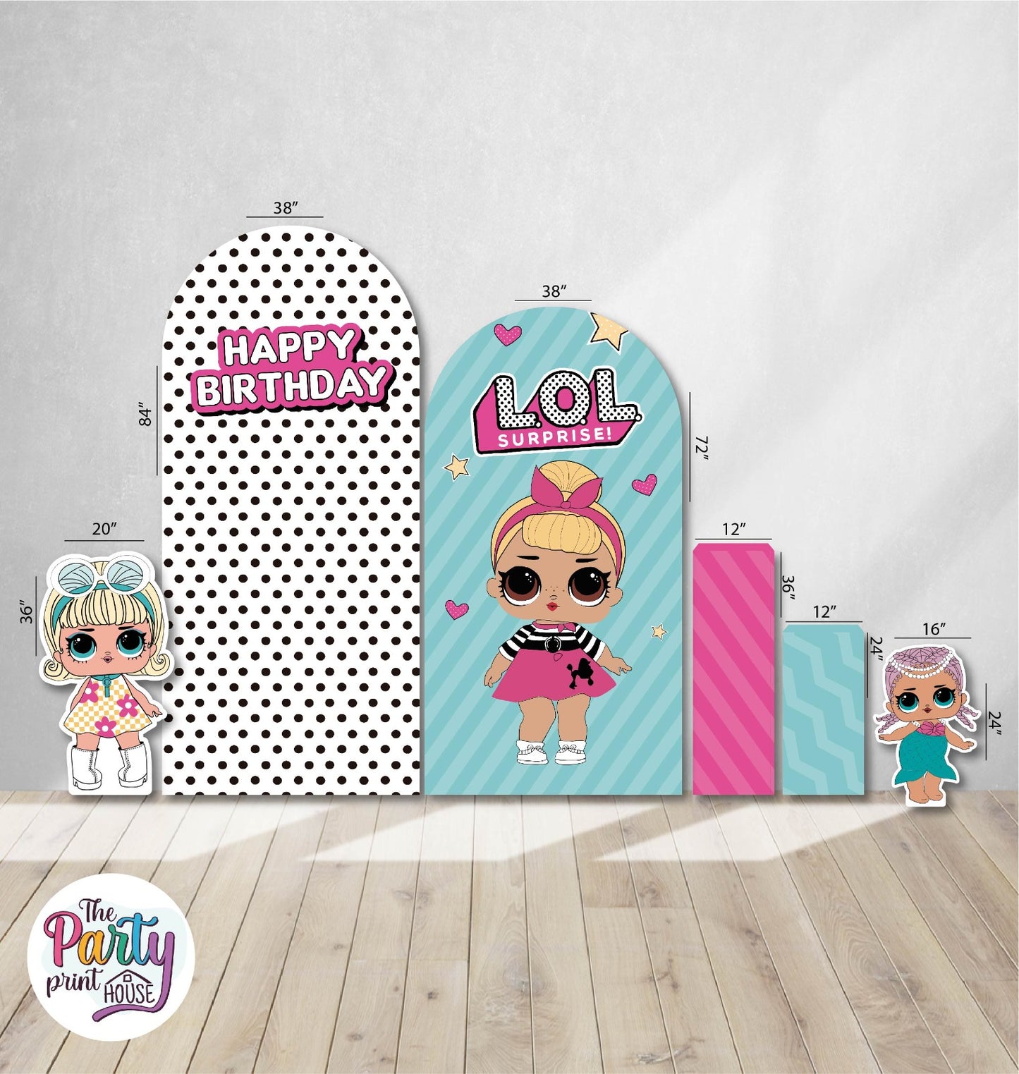 🎀✨ LOL Surprise Birthday Decorative Backdrop Set – Double Arch, Pedestals & Character Cutouts ✨