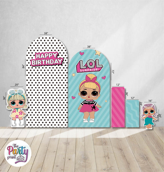 🎀✨ Birthday Party Decorative Backdrop Set – Arch Panel, Pedestals &amp; Character Cutouts ✨